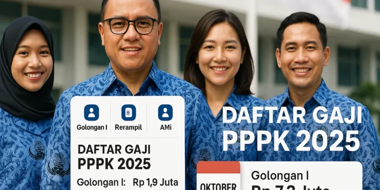 Tabel infografis rincian daftar gaji PPPK 2025 untuk Golongan I hingga XVII yang akan cair pada bulan Oktober sesuai Perpres