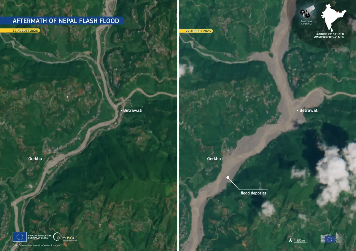 Perbandingan citra satelit memperlihatkan dampak banjir bandang dan longsor gletser di wilayah perbatasan Nepal dan Tibet.