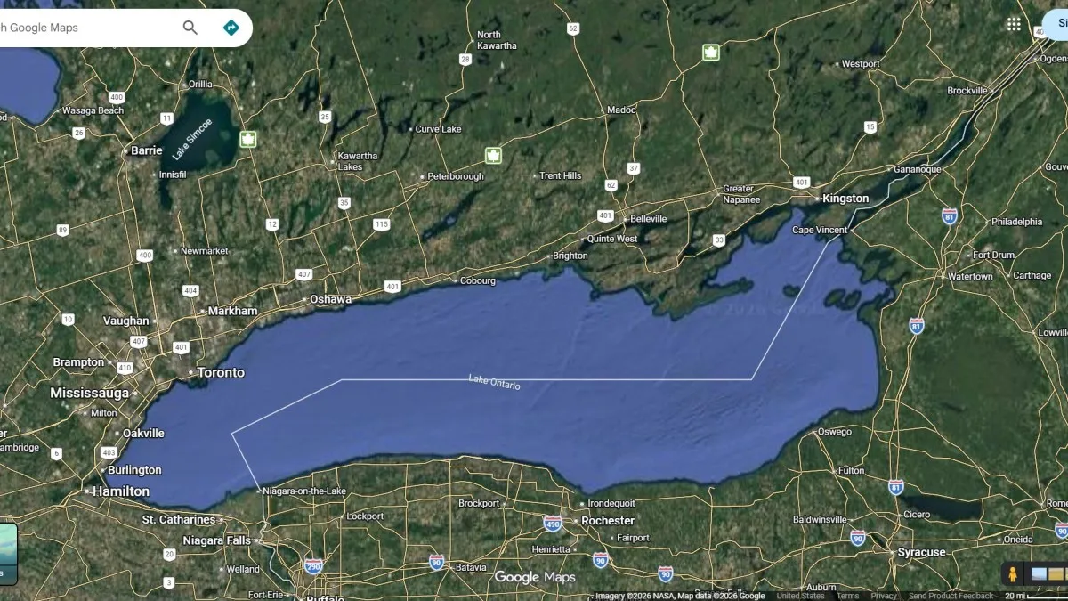 Tampilan peta digital yang menunjukkan wilayah perairan Danau Ontario.