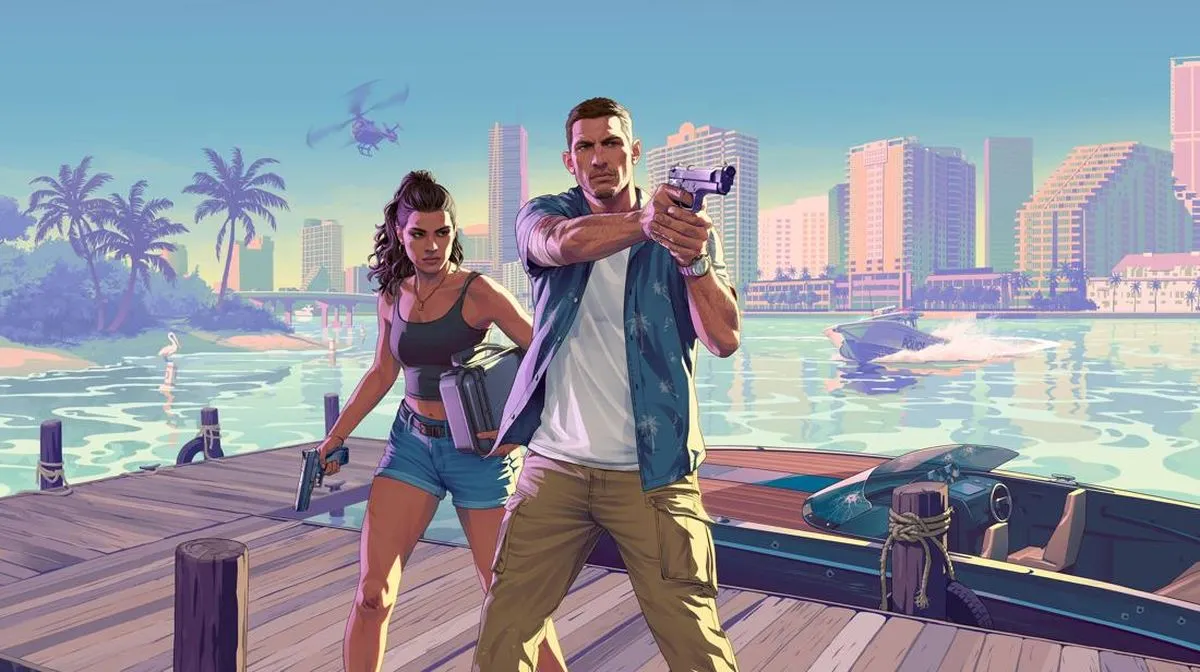 Tangkapan layar video Grand Theft Auto VI: An Extended Look yang dirilis di Netflix memperlihatkan suasana Vice City.